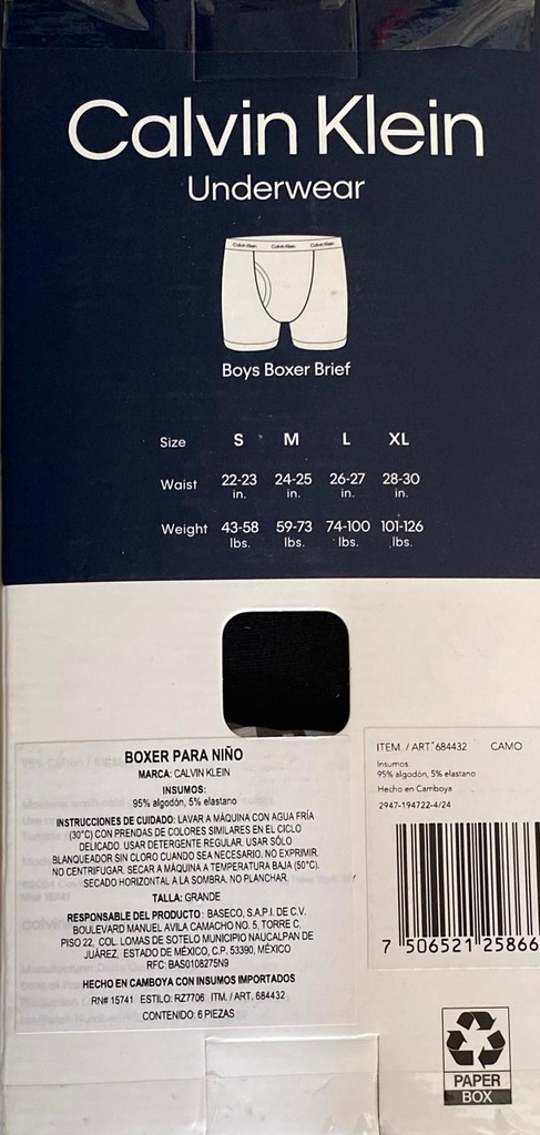 6 PAC BOXER PARA NIÑO CALVIN KLEIN