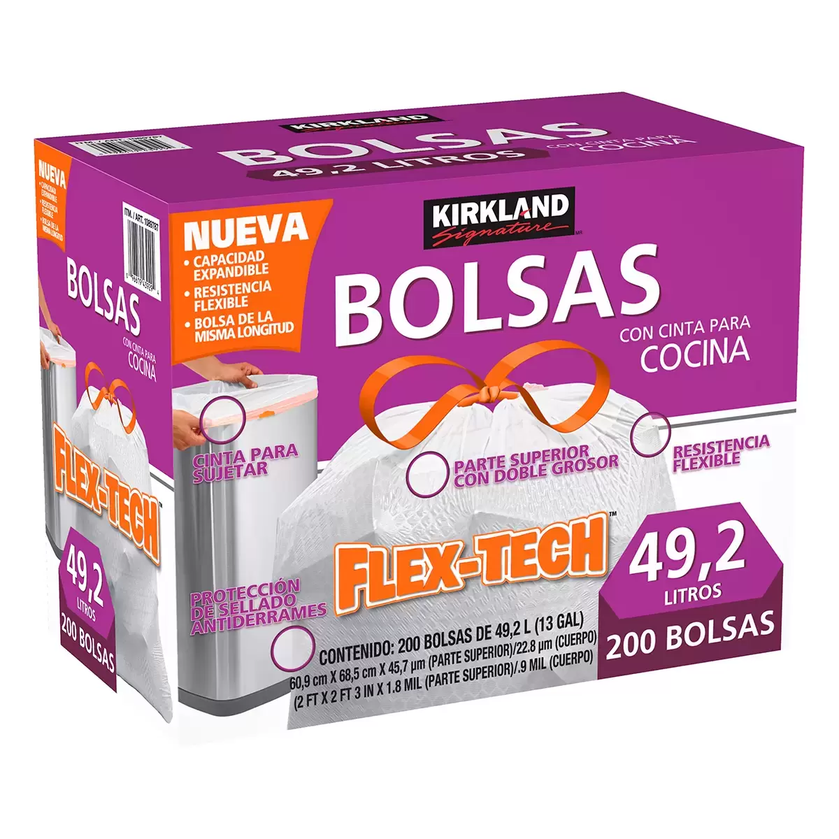 KIRKLAND SIGNATURE BOLSAS DE PLÁSTICO CON CINTA PARA COCINA 200 PZAS DE 49.2 L
