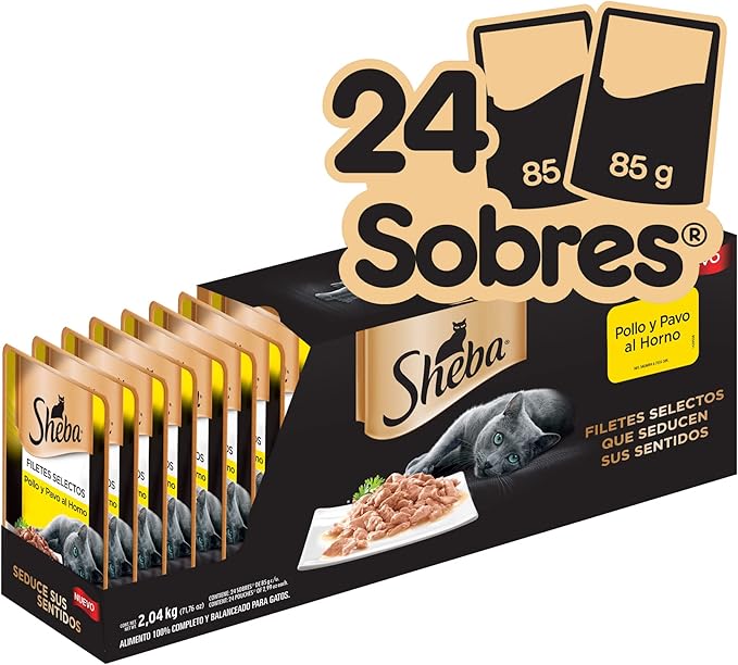 SHEBA - ALIMENTO HÚMEDO PARA GATOS ADULTOS, SABOR PAVO Y POLLO AL HORNO, PAQUETE DE 24pz / 85g