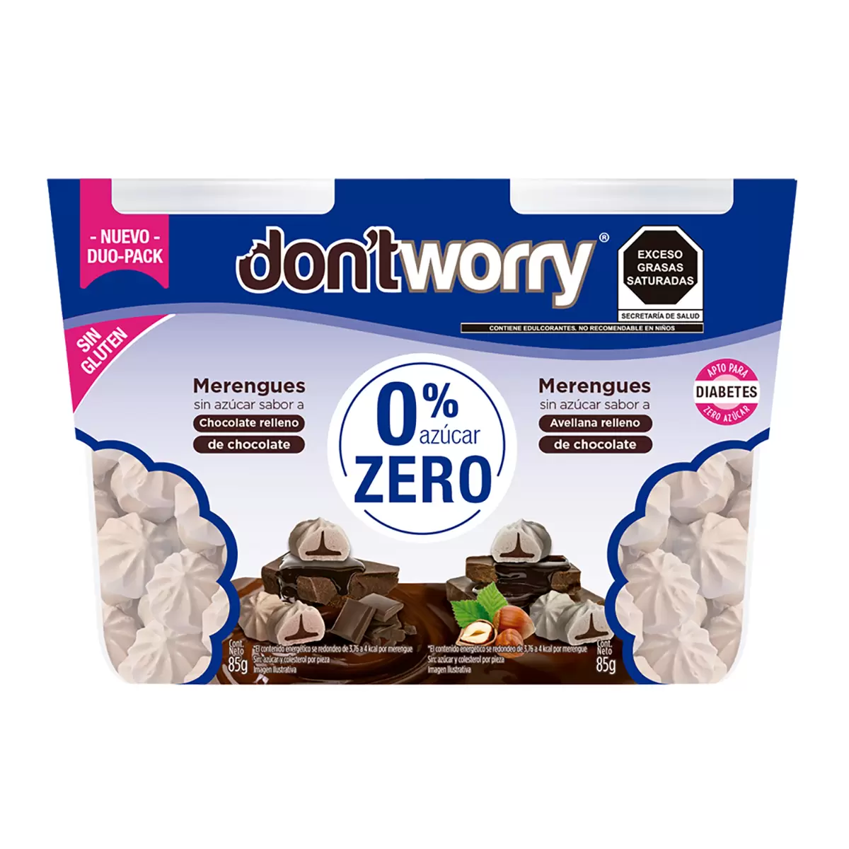 [0003545] DON'T WORRY MERENGUES CHOCOLATE Y AVELLANA 2 PZAS DE 85 G